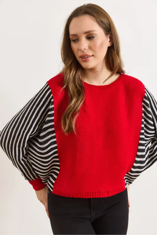 Kadın Kırmızı Kol Detaylı Triko Kazak KZK-19000817-Kırmızı - 3