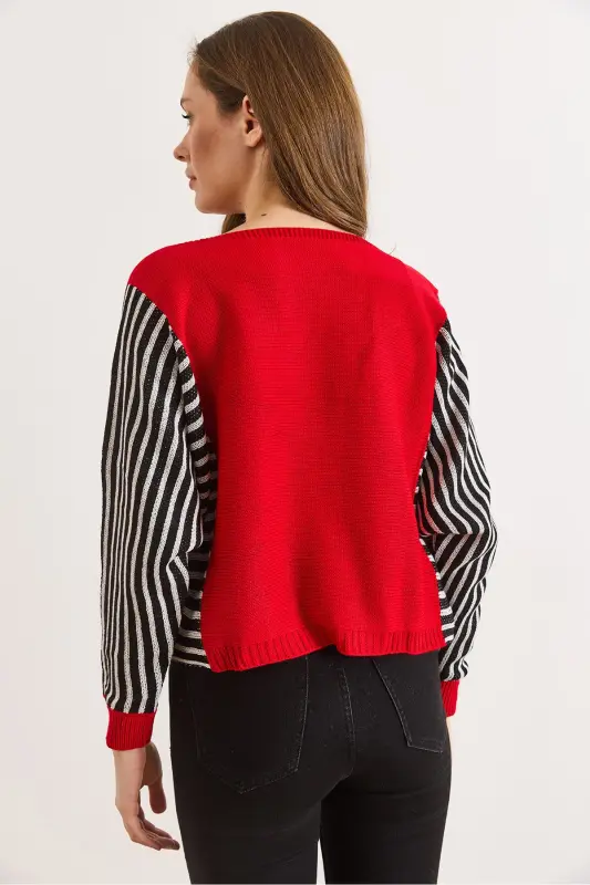 Kadın Kırmızı Kol Detaylı Triko Kazak KZK-19000817-Kırmızı - 4