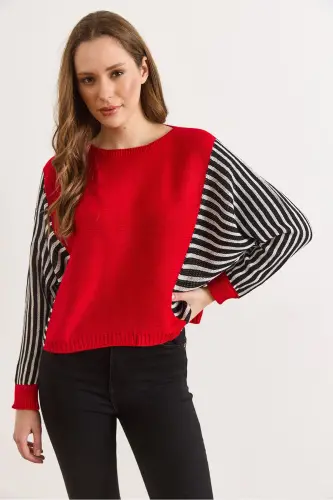 Kadın Kırmızı Kol Detaylı Triko Kazak KZK-19000817-Kırmızı - OLALOOK (1)