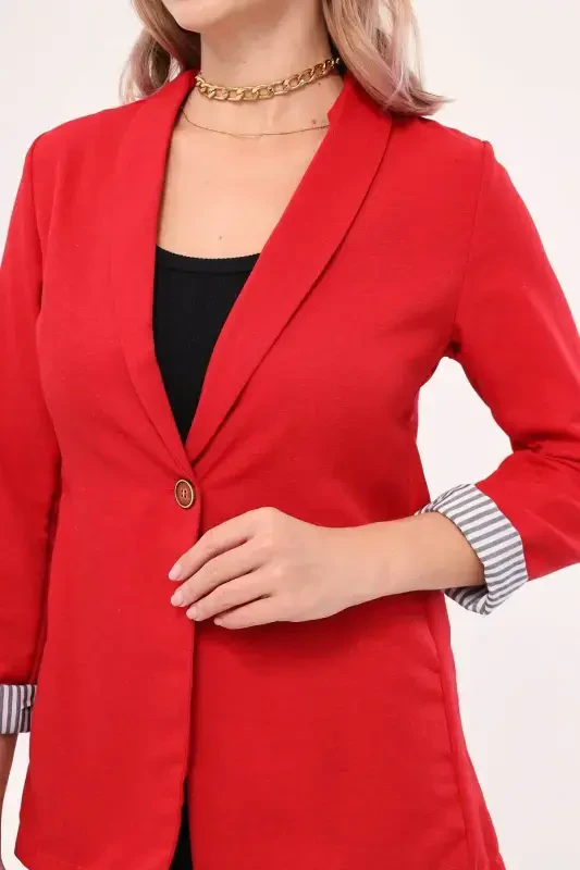 Kadın Kırmızı Kol İçi Çizgili Tek Düğmeli Ceket ARM-22K001122-Kırmızı - 3