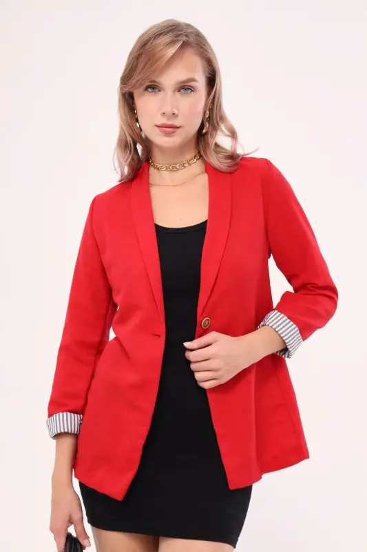 Kadın Kırmızı Kol İçi Çizgili Tek Düğmeli Ceket ARM-22K001122 - Kırmızı - 1