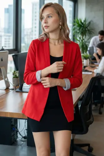 Kadın Kırmızı Kol İçi Çizgili Tek Düğmeli Ceket ARM-22K001122 - Kırmızı - 6