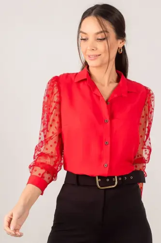 Kadın Kırmızı Kolları Tül Gömlek Arm-20K001068-Kırmızı - 2
