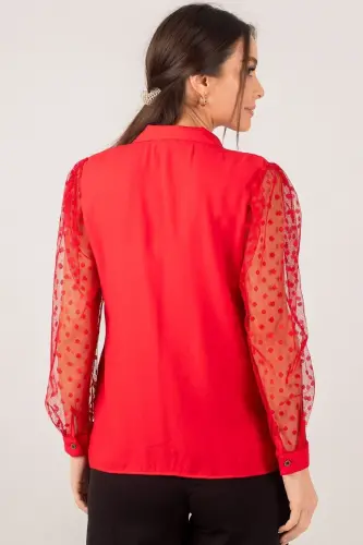Kadın Kırmızı Kolları Tül Gömlek Arm-20K001068-Kırmızı - 3
