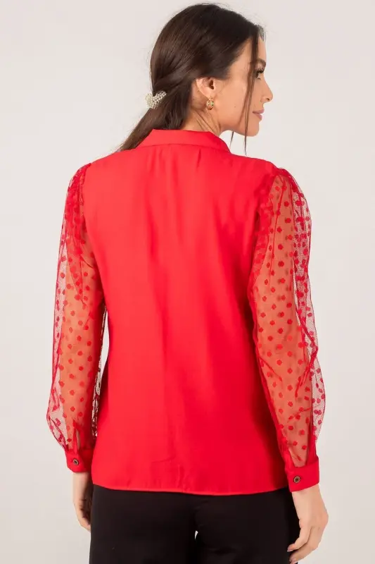 Kadın Kırmızı Kolları Tül Gömlek Arm-20K001068-Kırmızı - 3