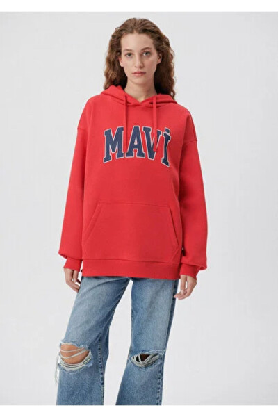 Kadın Kırmızı M1600361-82054 Mavi Logo Kapüşonlu Sweatshirt - 9