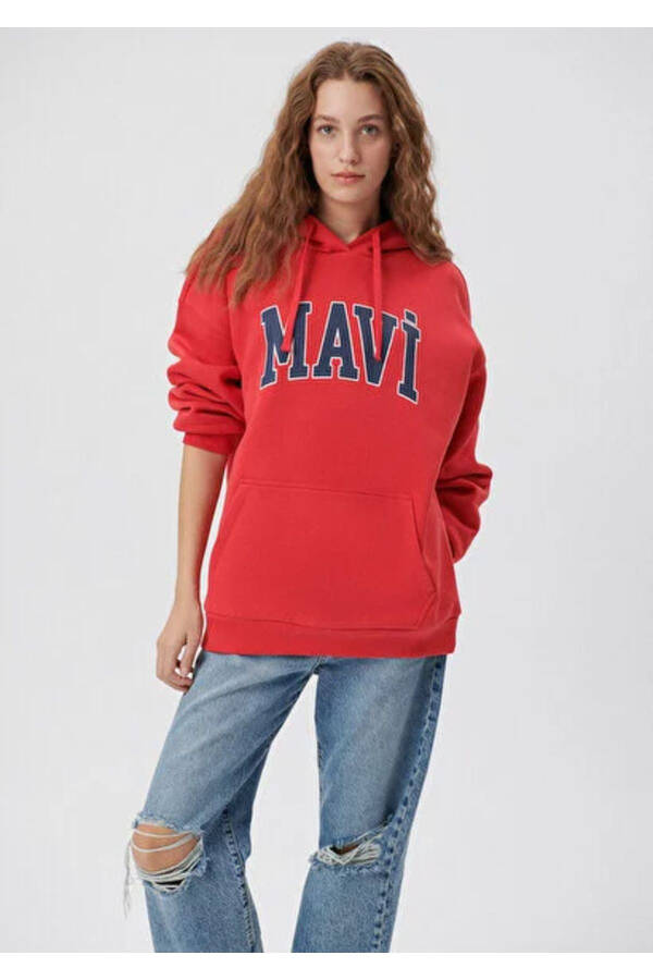 Kadın Kırmızı M1600361-82054 Mavi Logo Kapüşonlu Sweatshirt - 11