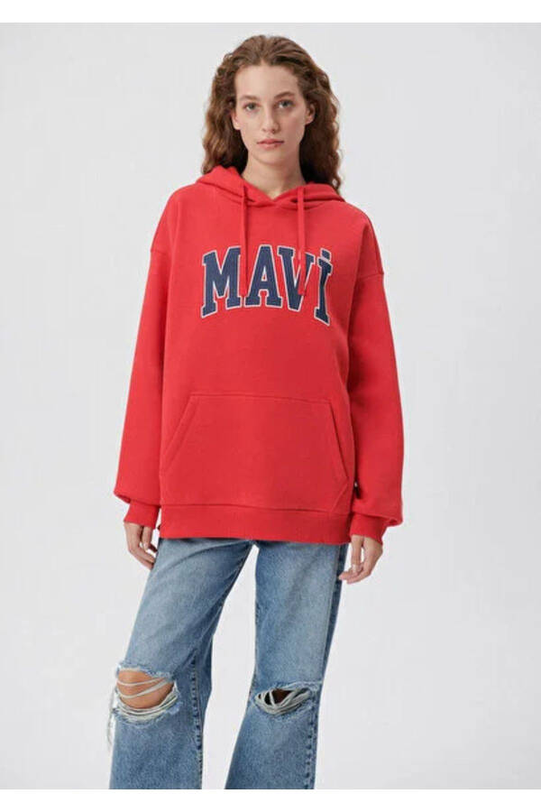 Kadın Kırmızı M1600361-82054 Mavi Logo Kapüşonlu Sweatshirt - 5