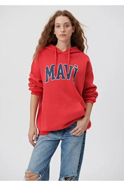 Kadın Kırmızı M1600361-82054 Mavi Logo Kapüşonlu Sweatshirt - 2