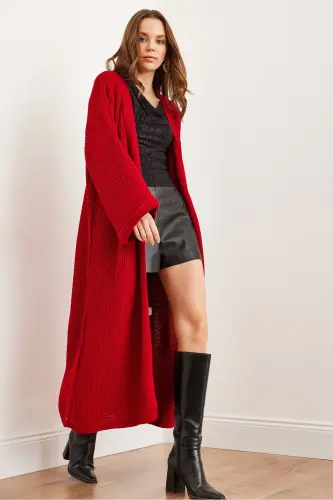 Kadın Kırmızı Manşeti Katlamalı Maxi Triko Hırka HRK-19000297-Kırmızı - 3