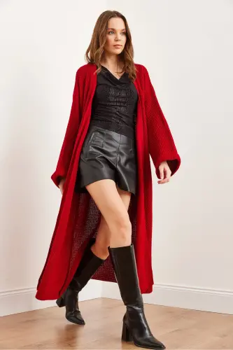 Kadın Kırmızı Manşeti Katlamalı Maxi Triko Hırka HRK-19000297-Kırmızı - 4