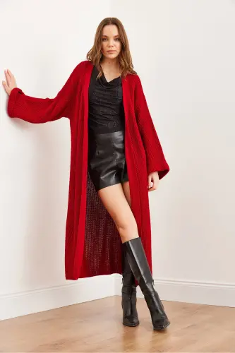 Kadın Kırmızı Manşeti Katlamalı Maxi Triko Hırka HRK-19000297-Kırmızı - OLALOOK (1)