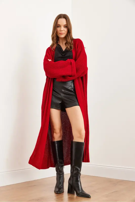 Kadın Kırmızı Manşeti Katlamalı Maxi Triko Hırka HRK-19000297-Kırmızı - 7