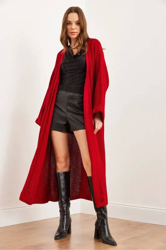 Kadın Kırmızı Manşeti Katlamalı Maxi Triko Hırka HRK-19000297-Kırmızı - 5