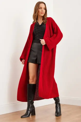 Kadın Kırmızı Manşeti Katlamalı Maxi Triko Hırka HRK-19000297-Kırmızı 