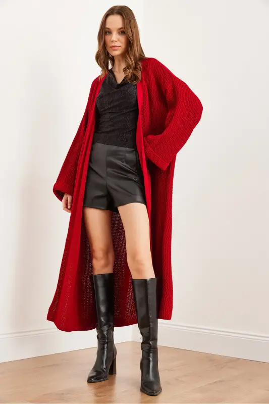 Kadın Kırmızı Manşeti Katlamalı Maxi Triko Hırka HRK-19000297-Kırmızı - 6