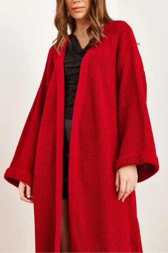 Kadın Kırmızı Manşeti Katlamalı Maxi Triko Hırka HRK-19000297-Kırmızı - 8