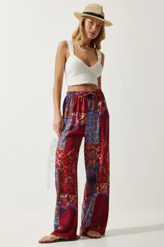Kadın Kırmızı Mavi Desenli Dökümlü Viskon Palazzo Pantolon EN00606-Kırmızı Mavi - 2