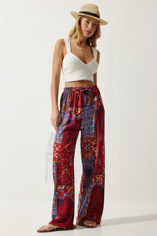 Kadın Kırmızı Mavi Desenli Dökümlü Viskon Palazzo Pantolon EN00606-Kırmızı Mavi - 2