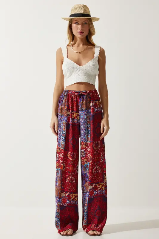 Kadın Kırmızı Mavi Desenli Dökümlü Viskon Palazzo Pantolon EN00606-Kırmızı Mavi - 3