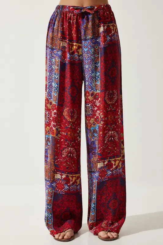 Kadın Kırmızı Mavi Desenli Dökümlü Viskon Palazzo Pantolon EN00606-Kırmızı Mavi - 4