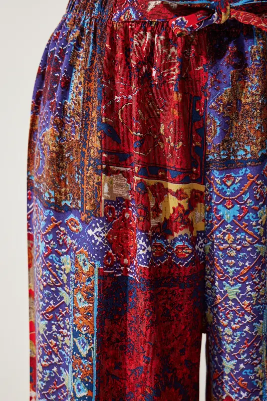 Kadın Kırmızı Mavi Desenli Dökümlü Viskon Palazzo Pantolon EN00606-Kırmızı Mavi - 5