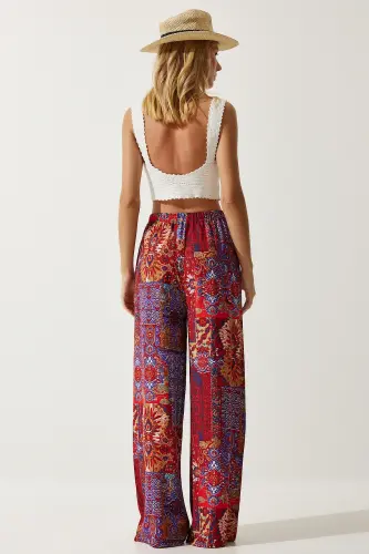 Kadın Kırmızı Mavi Desenli Dökümlü Viskon Palazzo Pantolon EN00606-Kırmızı Mavi - 6