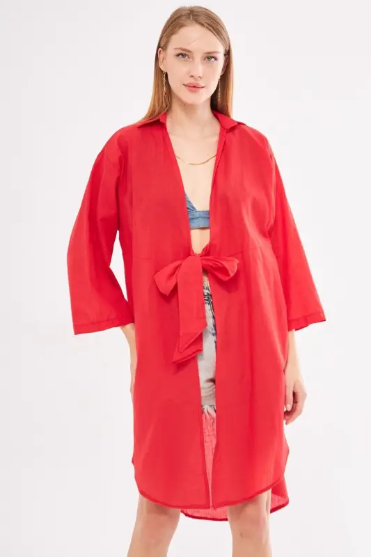 Kadın Kırmızı Önden Bağlamalı İnce Keten Kumaş Midi Boy Kimono Gömlek ARM-24Y001081-Kırmızı - 1