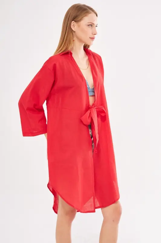 Kadın Kırmızı Önden Bağlamalı İnce Keten Kumaş Midi Boy Kimono Gömlek ARM-24Y001081-Kırmızı - 3