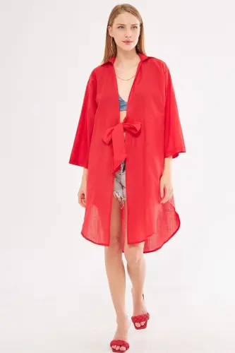 Kadın Kırmızı Önden Bağlamalı İnce Keten Kumaş Midi Boy Kimono Gömlek ARM-24Y001081-Kırmızı - 4