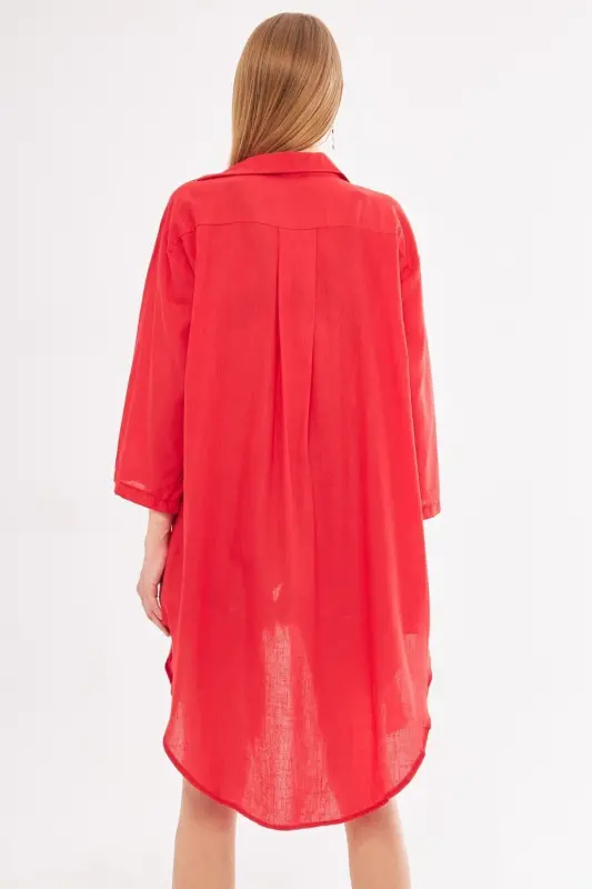 Kadın Kırmızı Önden Bağlamalı İnce Keten Kumaş Midi Boy Kimono Gömlek ARM-24Y001081-Kırmızı - 5