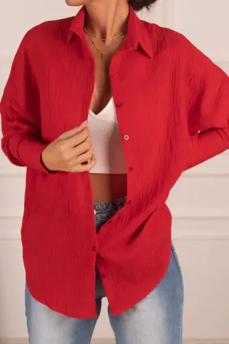 Kadın Kırmızı Oversize Dokulu Keten Görünümlü Geniş Manşetli Gömlek Arm-24k001001-Kırmızı 