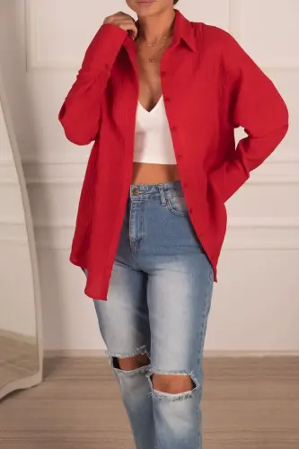 Kadın Kırmızı Oversize Dokulu Keten Görünümlü Geniş Manşetli Gömlek Arm-24k001001-Kırmızı - ARMONIKA (1)