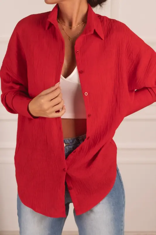Kadın Kırmızı Oversize Dokulu Keten Görünümlü Geniş Manşetli Gömlek Arm-24k001001-Kırmızı - 1