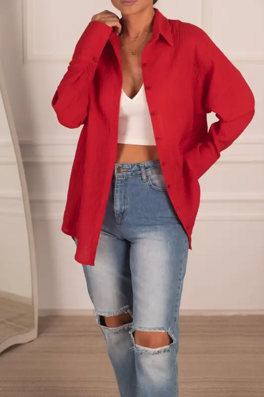 Kadın Kırmızı Oversize Dokulu Keten Görünümlü Geniş Manşetli Gömlek Arm-24k001001-Kırmızı - 2