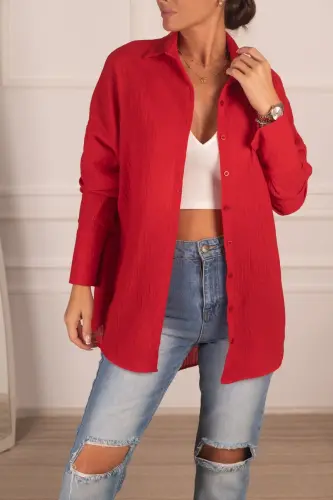 Kadın Kırmızı Oversize Dokulu Keten Görünümlü Geniş Manşetli Gömlek Arm-24k001001-Kırmızı - 3
