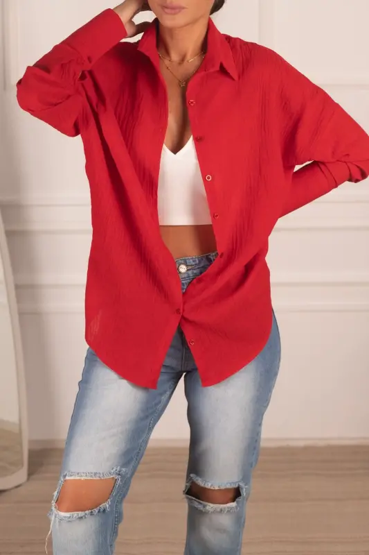 Kadın Kırmızı Oversize Dokulu Keten Görünümlü Geniş Manşetli Gömlek Arm-24k001001-Kırmızı - 4