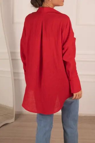 Kadın Kırmızı Oversize Dokulu Keten Görünümlü Geniş Manşetli Gömlek Arm-24k001001-Kırmızı - 5