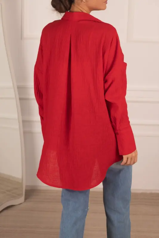 Kadın Kırmızı Oversize Dokulu Keten Görünümlü Geniş Manşetli Gömlek Arm-24k001001-Kırmızı - 5