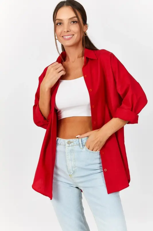 Kadın Kırmızı Oversize Uzun Basic Gömlek ARM-22Y001118-Kırmızı - 3