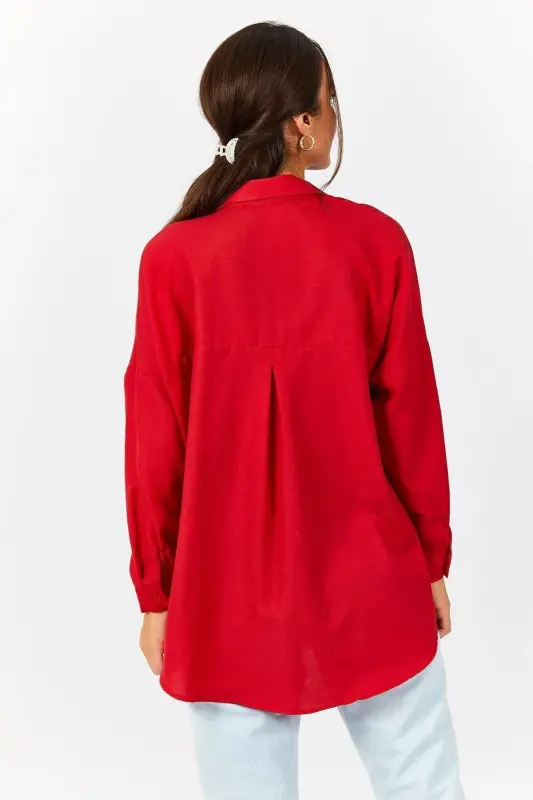 Kadın Kırmızı Oversize Uzun Basic Gömlek ARM-22Y001118-Kırmızı - 4