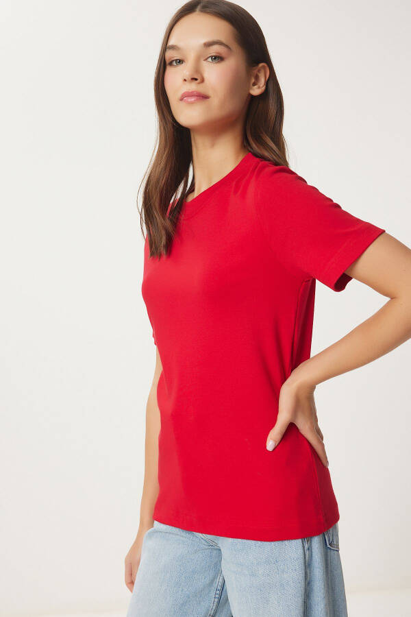 Kadın Kırmızı Pamuklu Basic Örme T-Shirt AG00001-Kırmızı - 2