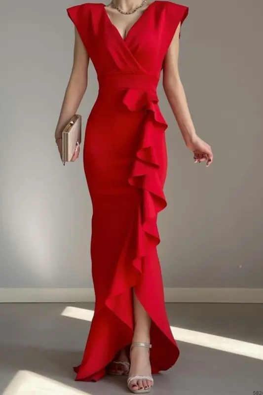 Kadın Kırmızı Scuba Dalgıç Kumaş Kruvaze Yaka Eteği Volanlı Abiye Mezuniyet Nikah Elbise-kırmızı - ALFUDO MODA COLLECTION