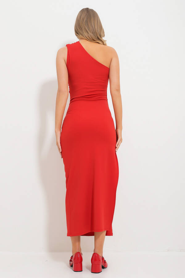 Kadın Kırmızı Tek Omuz Drape Detaylı Derin Yırtmaçlı Likralı Örme Elbise Alc-X11686 - 6