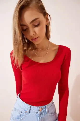 Kadın Kırmızı U Yaka Fitilli Örme Bluz GT00212 - Kırmızı - HAPPINESS İSTANBUL (1)