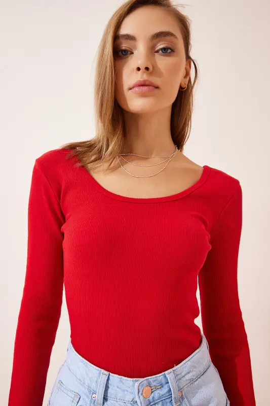 Kadın Kırmızı U Yaka Fitilli Örme Bluz GT00212 - Kırmızı - 3