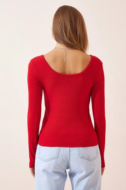 Kadın Kırmızı U Yaka Fitilli Örme Bluz GT00212 - Kırmızı - 4
