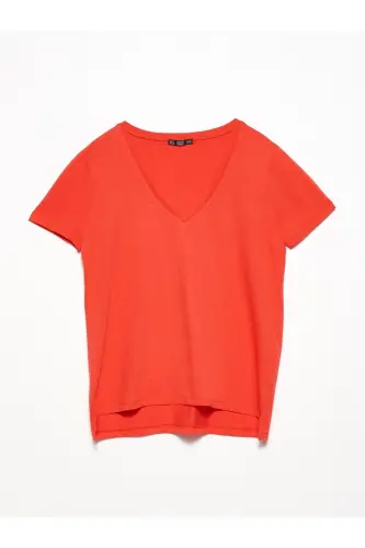 Kadın Kırmızı V Yaka Basic T-Shirt 101A03470 - Kırmızı 