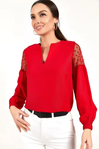 Kadın Kırmızı V YAKA KOLU TÜLLÜ BALONLU BLUZ ARM-20K001038-Kırmızı - 1