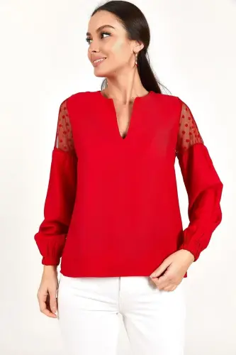 Kadın Kırmızı V YAKA KOLU TÜLLÜ BALONLU BLUZ ARM-20K001038-Kırmızı - ARMONIKA (1)